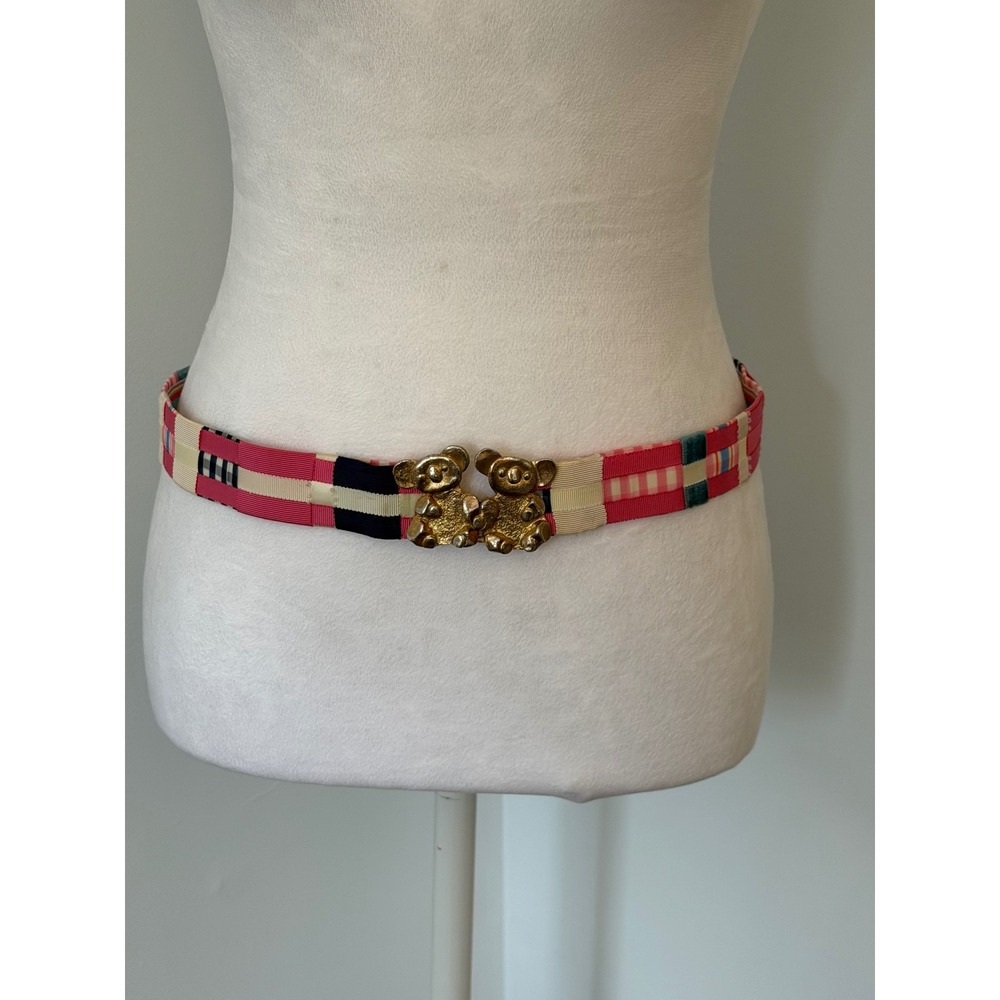 Vintage Patchwork Grosgrain Ribbon Belt Brass Koala Bear Buckle Pink Navy 32in